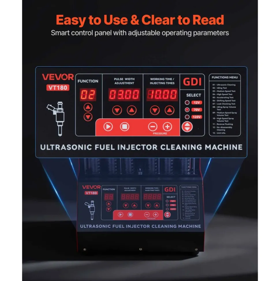 VEVOR Fuel Injector Cleaner Tester, 9 Test Modes, 6-Cylinder 28kHz Ultrasonic Cleaning Machine Adjustable 12V/70V/120V for EFI/FSI/GDI, Injector Cleaner Machine with Drain Valve for Car & Motorcycle