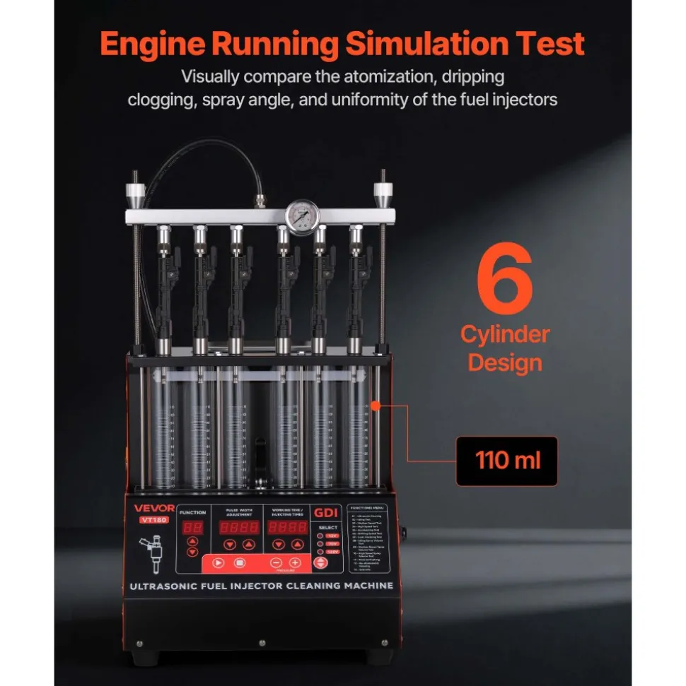 VEVOR Fuel Injector Cleaner Tester, 9 Test Modes, 6-Cylinder 28kHz Ultrasonic Cleaning Machine Adjustable 12V/70V/120V for EFI/FSI/GDI, Injector Cleaner Machine with Drain Valve for Car & Motorcycle