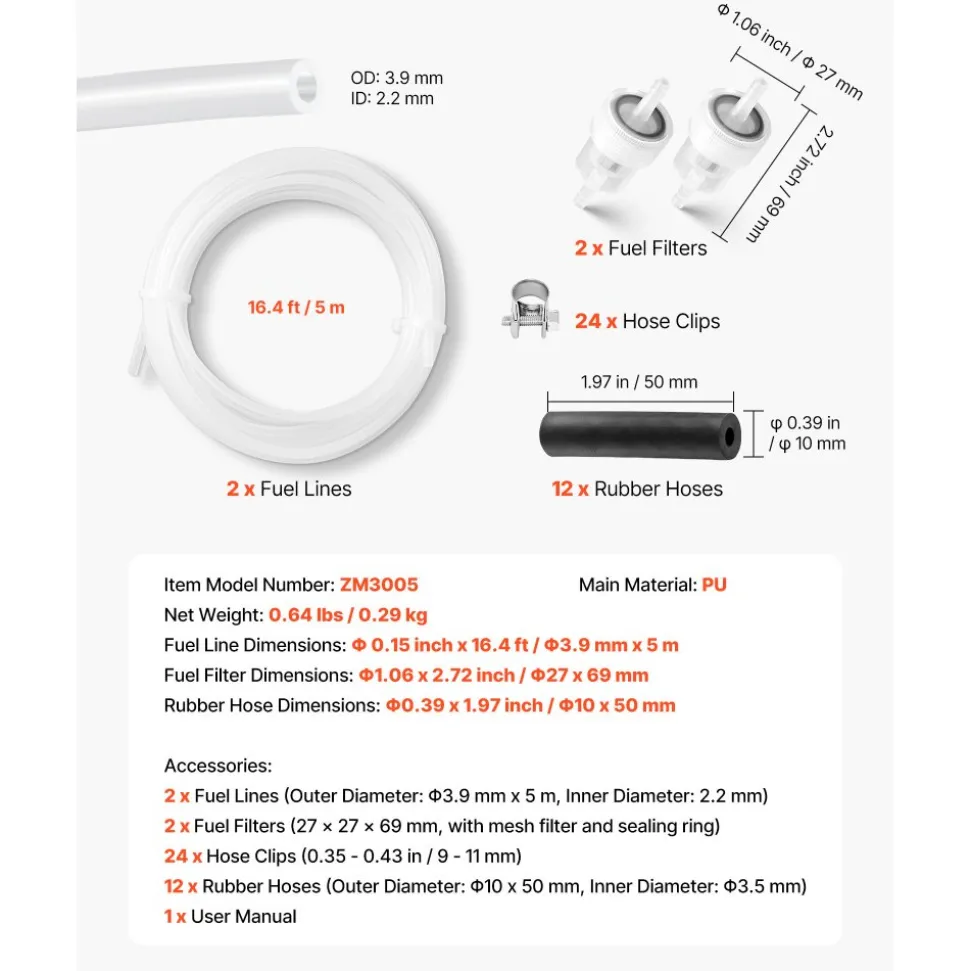 VEVOR Fuel Pipe Hose Line Kit, 196.9″ Diesel Heater Fuel Line Kit, Replaceable Parking Heater Fuels Lines Kits with Lines Filters Clips & Hoses, Tank Diesel Heater Accessories for 2KW 5KW 8KW Heaters