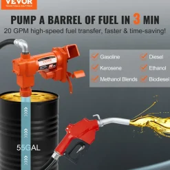 VEVOR Fuel Transfer Pump, 12V DC 20 GPM 1/4 HP, Gasoline Extractor Pump with Automatic Nozzle, Discharge Hose & Suction Pipe for Gasoline, Diesel, Kerosene, Ethanol & Methanol Blends, and Biodiesel