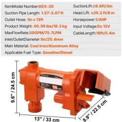VEVOR Fuel Transfer Pump, 12V DC 20 GPM 1/4 HP, Gasoline Extractor Pump with Automatic Nozzle, Discharge Hose & Suction Pipe for Gasoline, Diesel, Kerosene, Ethanol & Methanol Blends, and Biodiesel