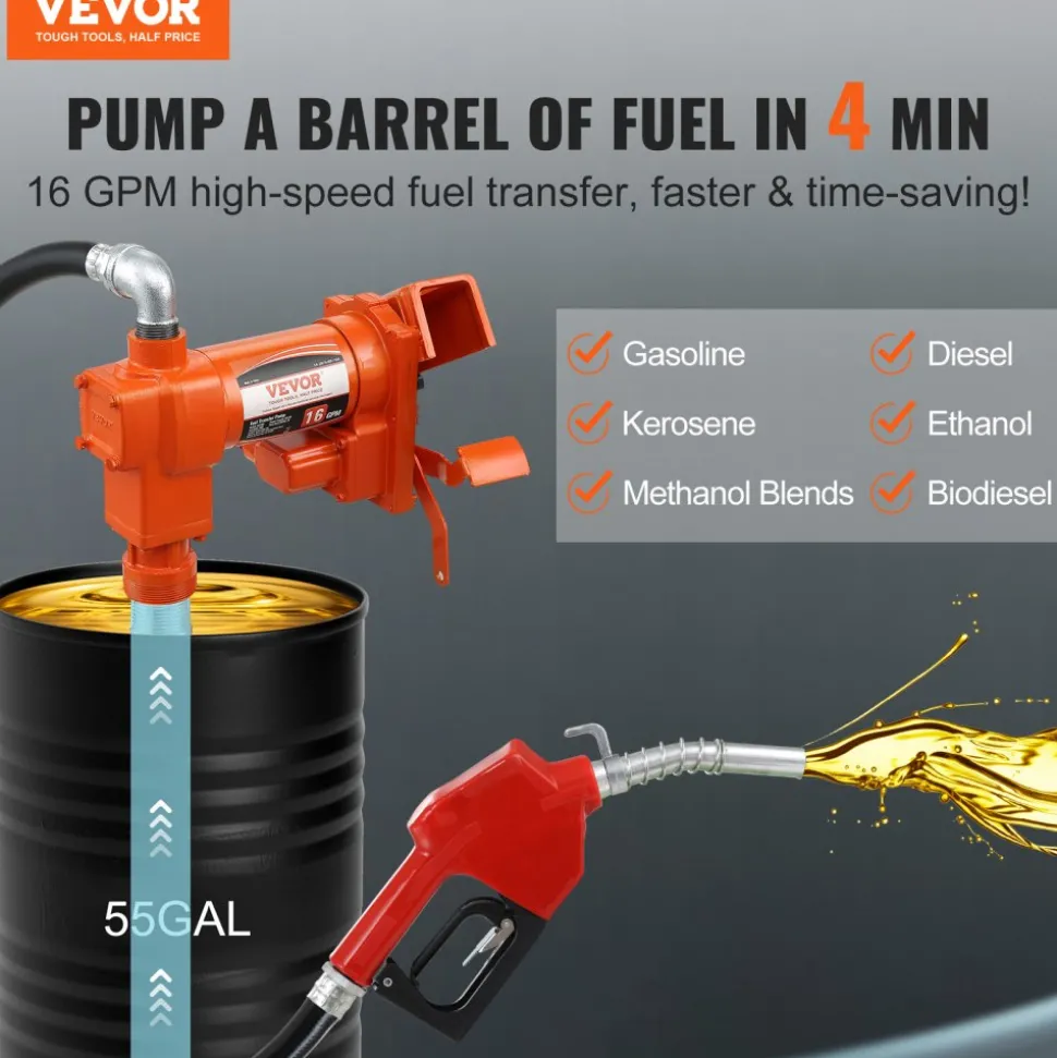 VEVOR Fuel Transfer Pump, 12V DC 16 GPM 1/4 HP, Gasoline Extractor Pump with Automatic Nozzle, Discharge Hose & Suction Pipe for Gasoline, Diesel, Kerosene, Ethanol & Methanol Blends, and Biodiesel