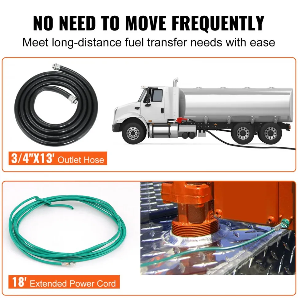 VEVOR Fuel Transfer Pump, 12V DC 16 GPM 1/4 HP, Gasoline Extractor Pump with Automatic Nozzle, Discharge Hose & Suction Pipe for Gasoline, Diesel, Kerosene, Ethanol & Methanol Blends, and Biodiesel
