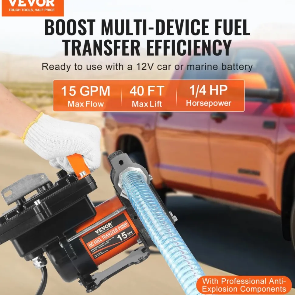 VEVOR Fuel Transfer Pump, 12V DC 15 GPM 1/4 HP, Portable Electric Diesel Transfer Pump with Auto Shut-Off Fuel Nozzle, Long Inlet & Outlet Hose for Gasoline, Diesel, Kerosene, Methanol Blends