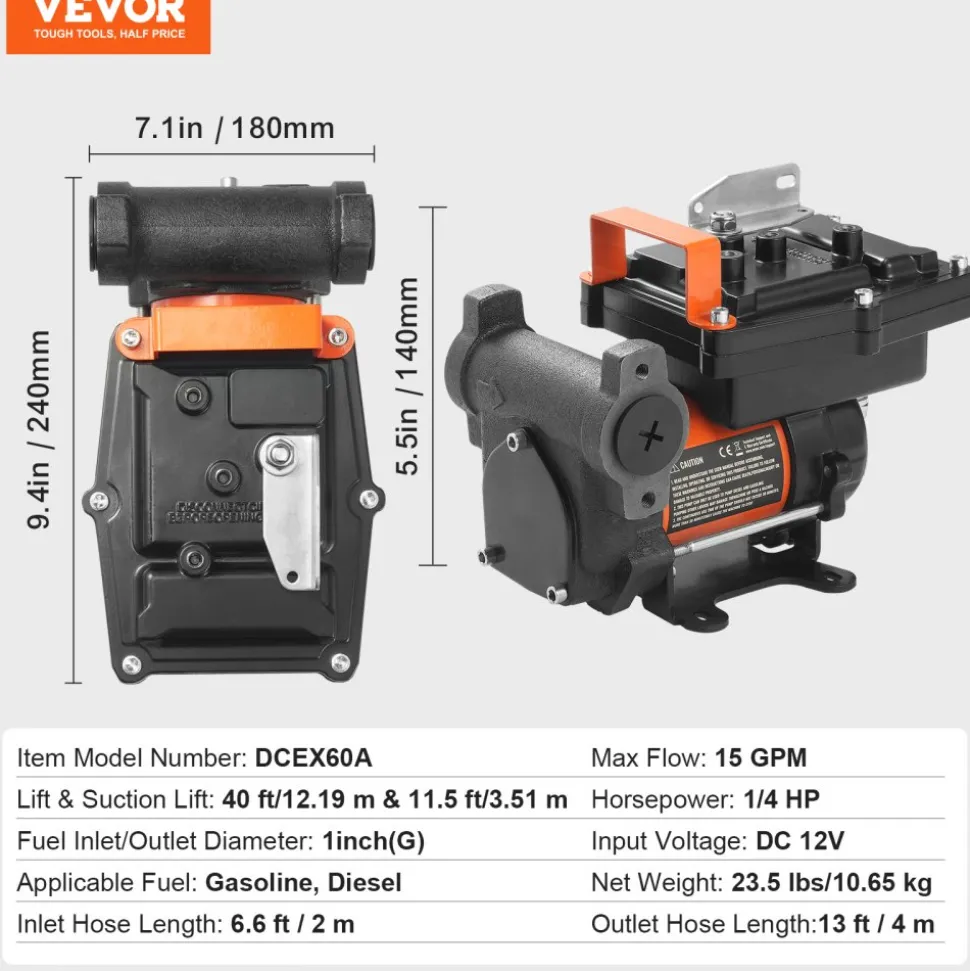 VEVOR Fuel Transfer Pump, 12V DC 15 GPM 1/4 HP, Portable Electric Diesel Transfer Pump with Auto Shut-Off Fuel Nozzle, Long Inlet & Outlet Hose for Gasoline, Diesel, Kerosene, Methanol Blends