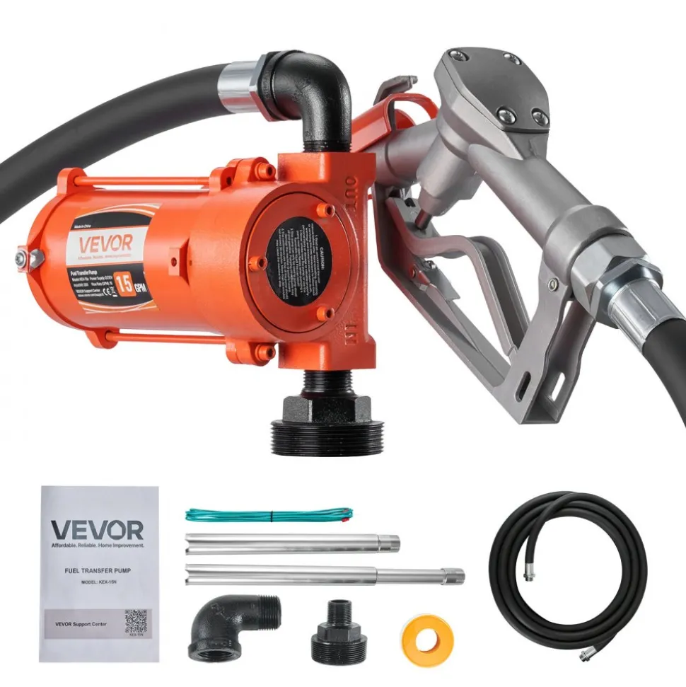 VEVOR Fuel Transfer Pump, 12V DC 15 GPM, Cast Iron Diesel Transfer Pump Kit, with Manual Nozzle, Discharge Hose, Overheat Protection, Power Cable, Explosion-Proof, for Gasoline Diesel Kerosene & More