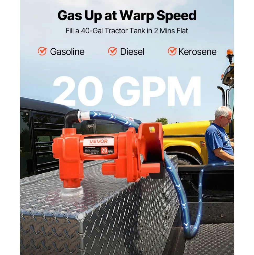 VEVOR Fuel Transfer Pump, 12V DC 20 GPM 1/4 HP Diesel Pump, Extractor Pumps with Manual Nozzle, Discharge Hose and Suction Pipe, for Gasoline, Diesel, Kerosene, Ethanol-Methanol Blends & Biodiesel