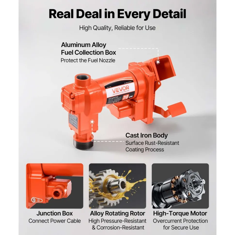 VEVOR Fuel Transfer Pump, 12V DC 20 GPM 1/4 HP Diesel Pump, Extractor Pumps with Manual Nozzle, Discharge Hose and Suction Pipe, for Gasoline, Diesel, Kerosene, Ethanol-Methanol Blends & Biodiesel