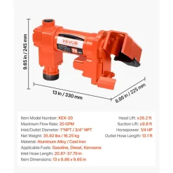 VEVOR Fuel Transfer Pump, 12V DC 20 GPM 1/4 HP Diesel Pump, Extractor Pumps with Manual Nozzle, Discharge Hose and Suction Pipe, for Gasoline, Diesel, Kerosene, Ethanol-Methanol Blends & Biodiesel