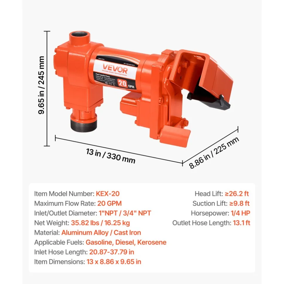 VEVOR Fuel Transfer Pump, 12V DC 20 GPM 1/4 HP Diesel Pump, Extractor Pumps with Manual Nozzle, Discharge Hose and Suction Pipe, for Gasoline, Diesel, Kerosene, Ethanol-Methanol Blends & Biodiesel