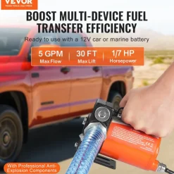 VEVOR Fuel Transfer Pump, 12V DC 5 GPM 1/10 HP, Portable Electric Diesel Transfer Pump with Auto Shut-Off Fuel Nozzle, Long Inlet & Outlet Hose for Gasoline, Diesel, Kerosene, Methanol Blends