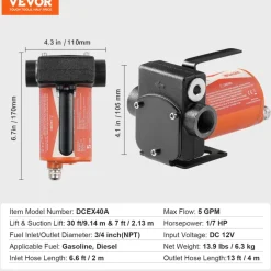 VEVOR Fuel Transfer Pump, 12V DC 5 GPM 1/10 HP, Portable Electric Diesel Transfer Pump with Auto Shut-Off Fuel Nozzle, Long Inlet & Outlet Hose for Gasoline, Diesel, Kerosene, Methanol Blends