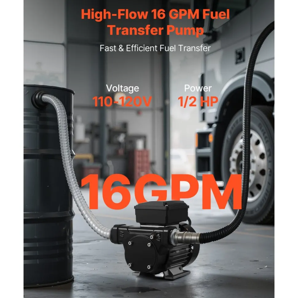 VEVOR Fuel Transfer Pump 110V, 16 GPM 60 L/min, AC Electric Oil Transfer Pump for Diesel Kerosene Biodiesel, with Auto Fuel Nozzle & 2 Hoses, 45 ft/13.7 m Max Lift, for Vehicles, Construction Sites