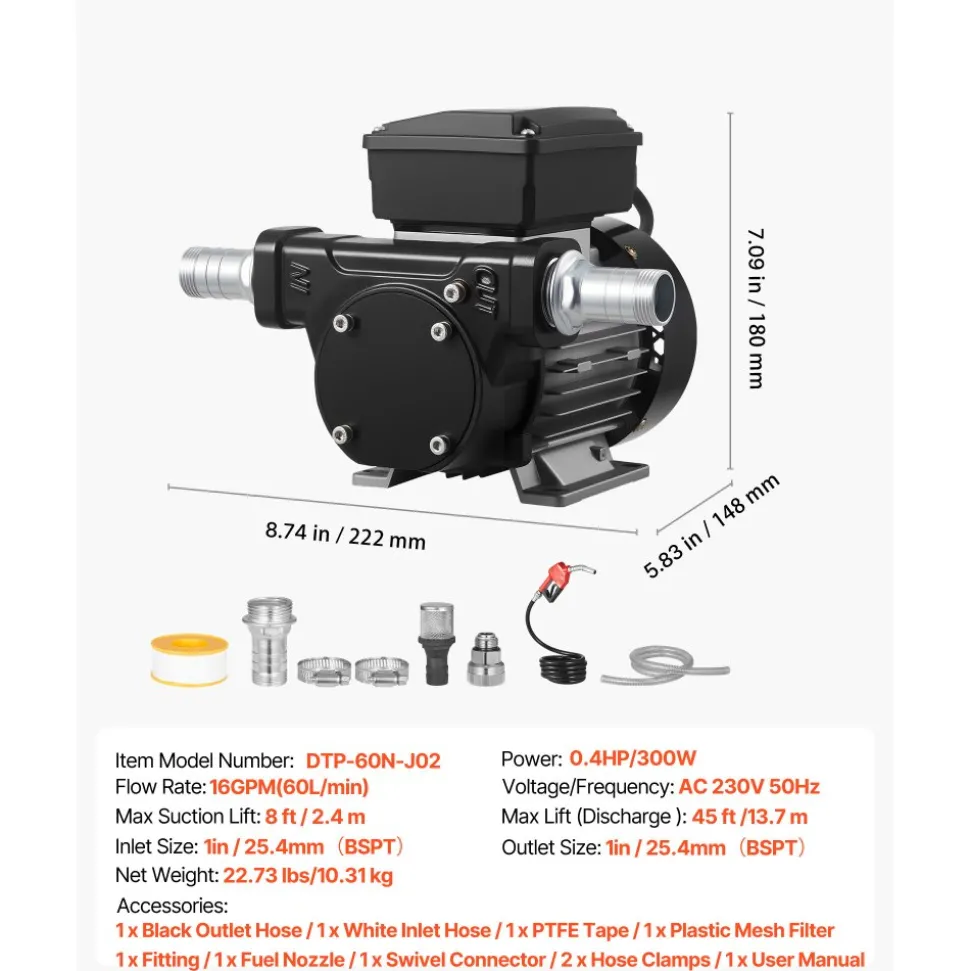 VEVOR Fuel Transfer Pump 110V, 16 GPM 60 L/min, AC Electric Oil Transfer Pump for Diesel Kerosene Biodiesel, with Auto Fuel Nozzle & 2 Hoses, 45 ft/13.7 m Max Lift, for Vehicles, Construction Sites