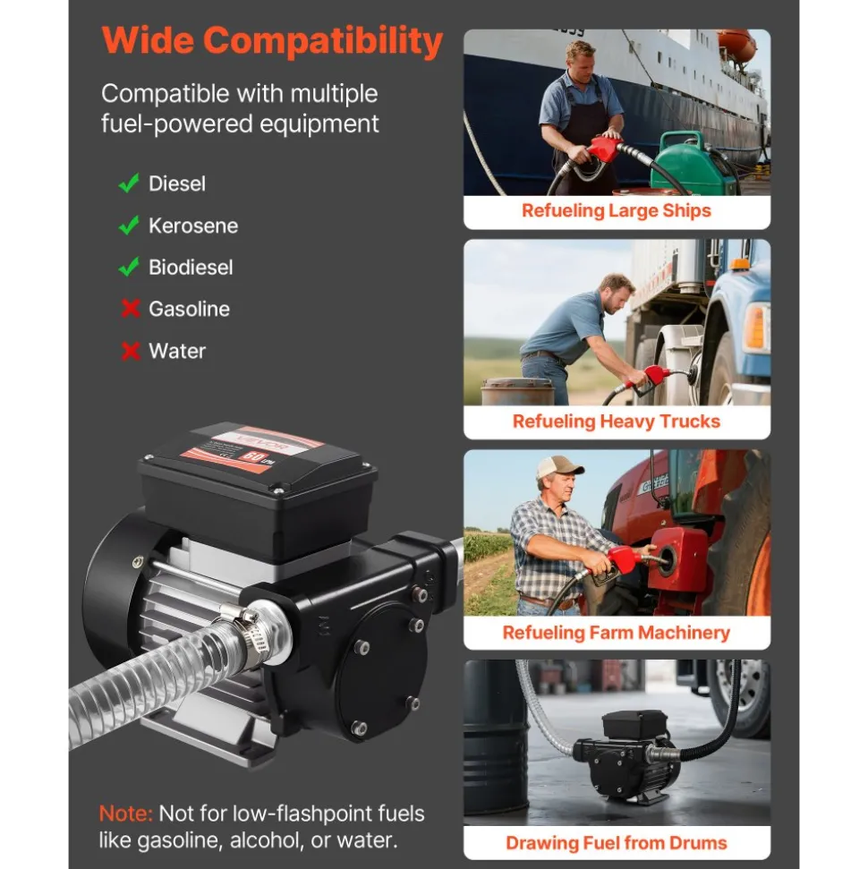 VEVOR Fuel Transfer Pump 110V, 16 GPM 60 L/min, AC Electric Oil Transfer Pump for Diesel Kerosene Biodiesel, with Auto Fuel Nozzle & 2 Hoses, 45 ft/13.7 m Max Lift, for Vehicles, Construction Sites