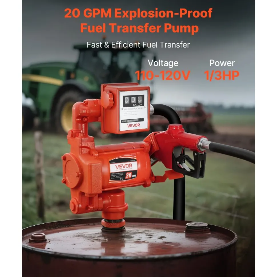 VEVOR Fuel Transfer Pump 110V, 20 GPM 76 L/min, AC Electric Oil Transfer Pump, with Meter, Auto Shut-Off Fuel Nozzle & Discharge Hose, High Flow for Gasoline, Diesel, Kerosene, Biodiesel, Ethanol
