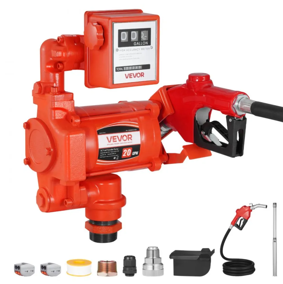 VEVOR Fuel Transfer Pump 110V, 20 GPM 76 L/min, AC Electric Oil Transfer Pump, with Meter, Auto Shut-Off Fuel Nozzle & Discharge Hose, High Flow for Gasoline, Diesel, Kerosene, Biodiesel, Ethanol