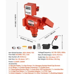 VEVOR Fuel Transfer Pump 110V, 20 GPM 76 L/min, AC Electric Oil Transfer Pump, with Meter, Auto Shut-Off Fuel Nozzle & Discharge Hose, High Flow for Gasoline, Diesel, Kerosene, Biodiesel, Ethanol