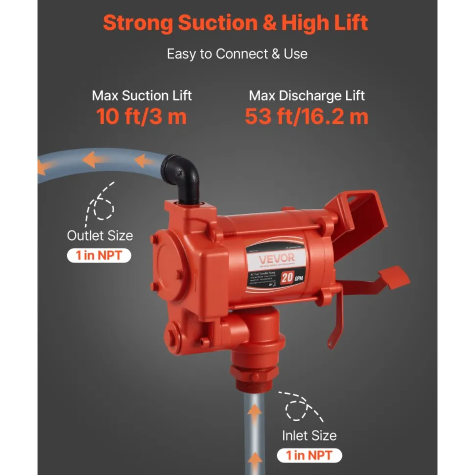 VEVOR Fuel Transfer Pump 110V, 20 GPM 76 L/min, AC Electric Oil Transfer Pump, with Auto Shut-Off Fuel Nozzle & Discharge Hose, High Flow Kit for Gasoline, Diesel, Kerosene, Biodiesel, Ethanol Blends