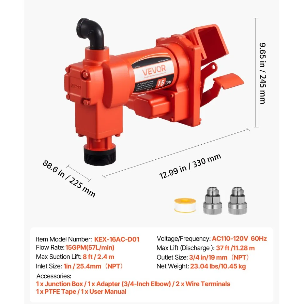 VEVOR Fuel Transfer Pump 110V, 15 GPM 57 L/min, AC Electric Oil Transfer Pump, 8 ft/2.4 m Max Suction Lift, 37 ft/11.28 m Max Lift, Overheat Protection, for Gasoline Diesel Kerosene Biodiesel Ethanol