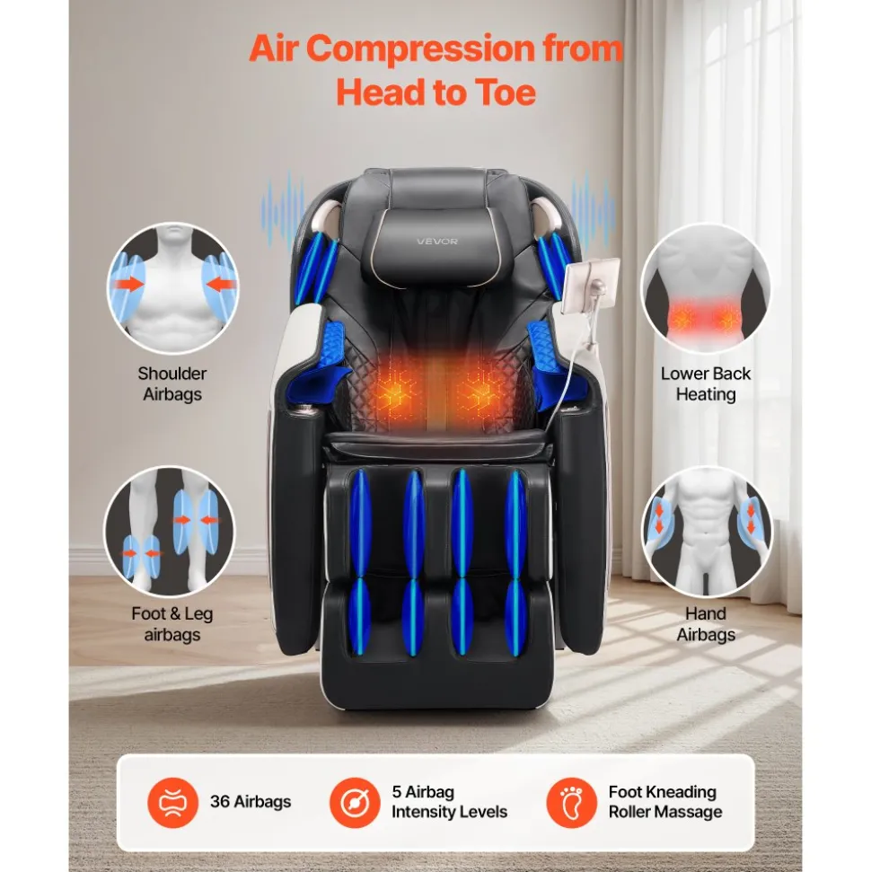 VEVOR Full Body Massage Chair, 3D Zero Gravity Recliner with SL Track, 18 Auto Modes, Heat, Foot Rollers, Armrest Control, LCD Display, 36 Airbags, Retractable Footrest