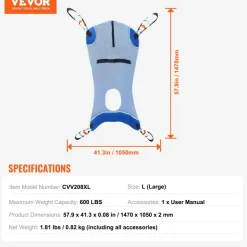 VEVOR Full Body Patient Lift Sling & Commode Opening, Patient Lift Medical Sling for Safe Bathing, Toileting, Polyester Patient Aid Commode Sling for Elderly Disabled Bedridden, 600LBS (Large Size)