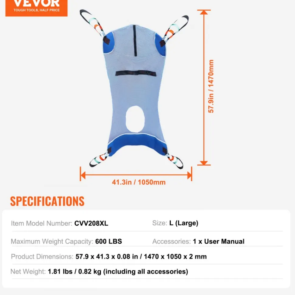 VEVOR Full Body Patient Lift Sling & Commode Opening, Patient Lift Medical Sling for Safe Bathing, Toileting, Polyester Patient Aid Commode Sling for Elderly Disabled Bedridden, 600LBS (Large Size)