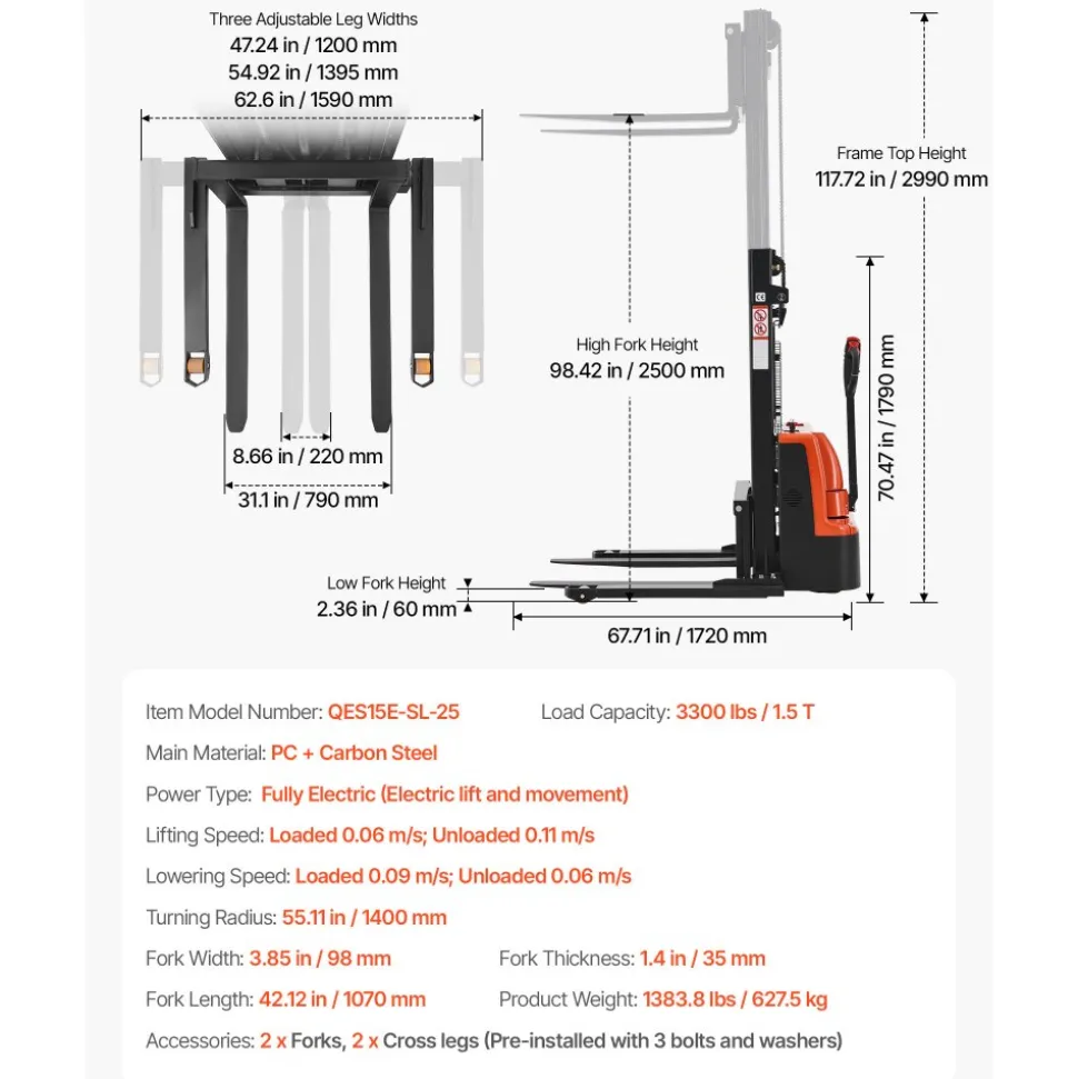 VEVOR Full Electric Pallet Stacker, 3300 lbs Capacity, Pallet Lift Stacker Forklift with Straddle Legs & Forks, 96.06 Inches Lifting Height & 8.66-31.1 Inches Adjustable Fork Width, Orange & Black