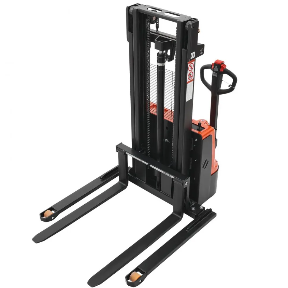 VEVOR Full Electric Pallet Stacker, 3300 lbs Capacity, Pallet Lift Stacker Forklift with Straddle Legs & Forks, 96.06 Inches Lifting Height & 8.66-31.1 Inches Adjustable Fork Width, Orange & Black
