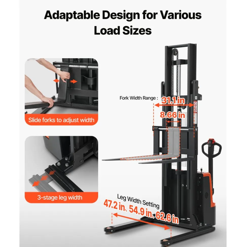 VEVOR Full Electric Pallet Stacker, 3300 lbs Capacity, Pallet Lift Stacker Forklift with Straddle Legs & Forks, 96.06 Inches Lifting Height & 8.66-31.1 Inches Adjustable Fork Width, Orange & Black