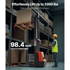 VEVOR Full Electric Pallet Stacker, 3300 lbs Capacity, Pallet Lift Stacker Forklift with Straddle Legs & Forks, 96.06 Inches Lifting Height & 8.66-31.1 Inches Adjustable Fork Width, Orange & Black