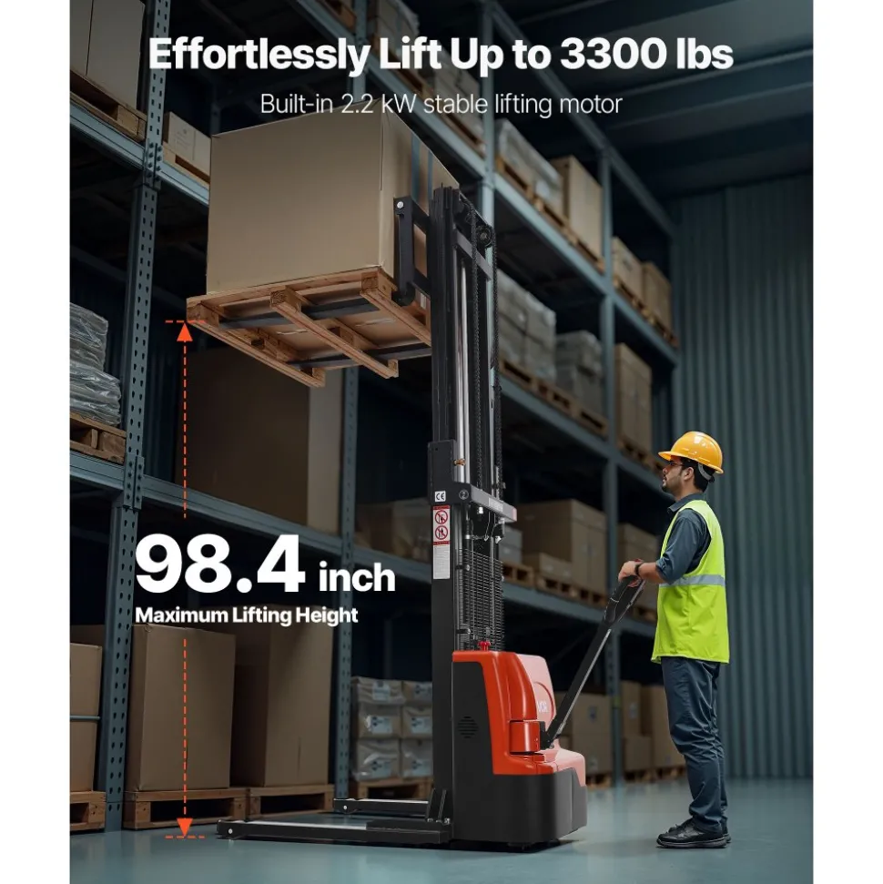 VEVOR Full Electric Pallet Stacker, 3300 lbs Capacity, Pallet Lift Stacker Forklift with Straddle Legs & Forks, 96.06 Inches Lifting Height & 8.66-31.1 Inches Adjustable Fork Width, Orange & Black