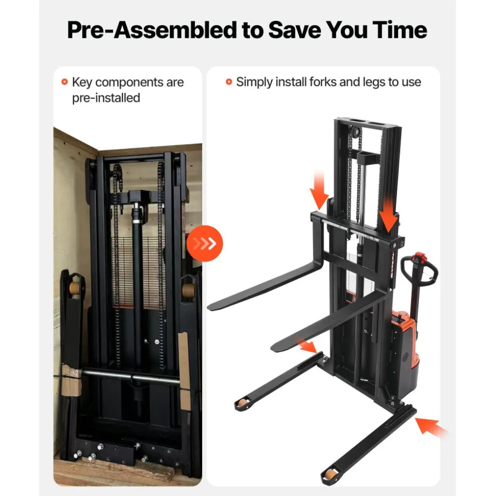 VEVOR Full Electric Pallet Stacker, 3300 lbs Capacity, Pallet Lift Stacker Forklift with Straddle Legs & Forks, 96.06 Inches Lifting Height & 8.66-31.1 Inches Adjustable Fork Width, Orange & Black