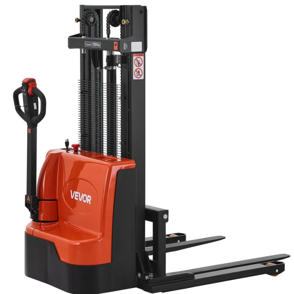 VEVOR Full Electric Pallet Stacker, 3300 lbs Capacity, Pallet Lift Stacker Forklift with Straddle Legs & Forks, 96.06 Inches Lifting Height & 8.66-31.1 Inches Adjustable Fork Width, Orange & Black