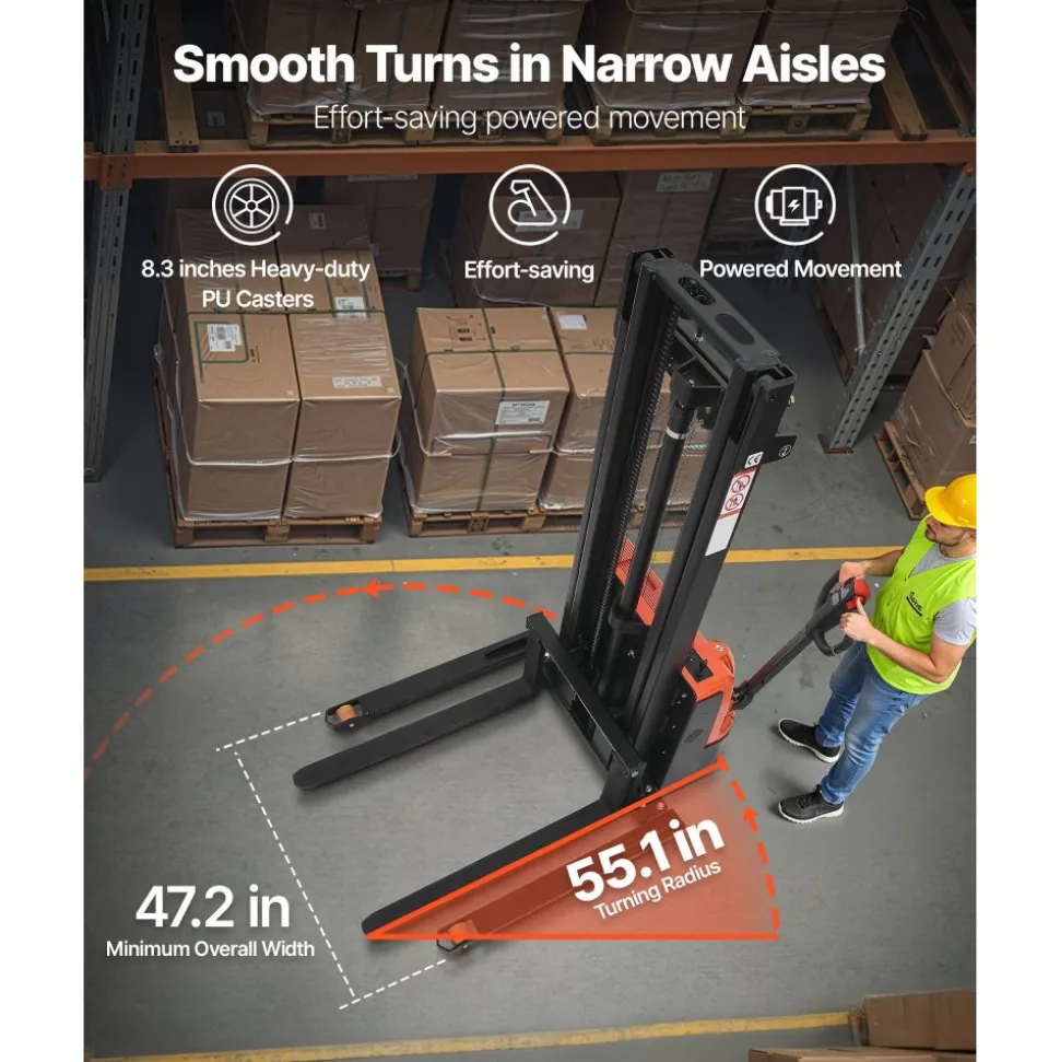 VEVOR Full Electric Pallet Stacker, 3300 lbs Capacity, Pallet Lift Stacker Forklift with Straddle Legs & Forks, 96.06 Inches Lifting Height & 8.66-31.1 Inches Adjustable Fork Width, Orange & Black