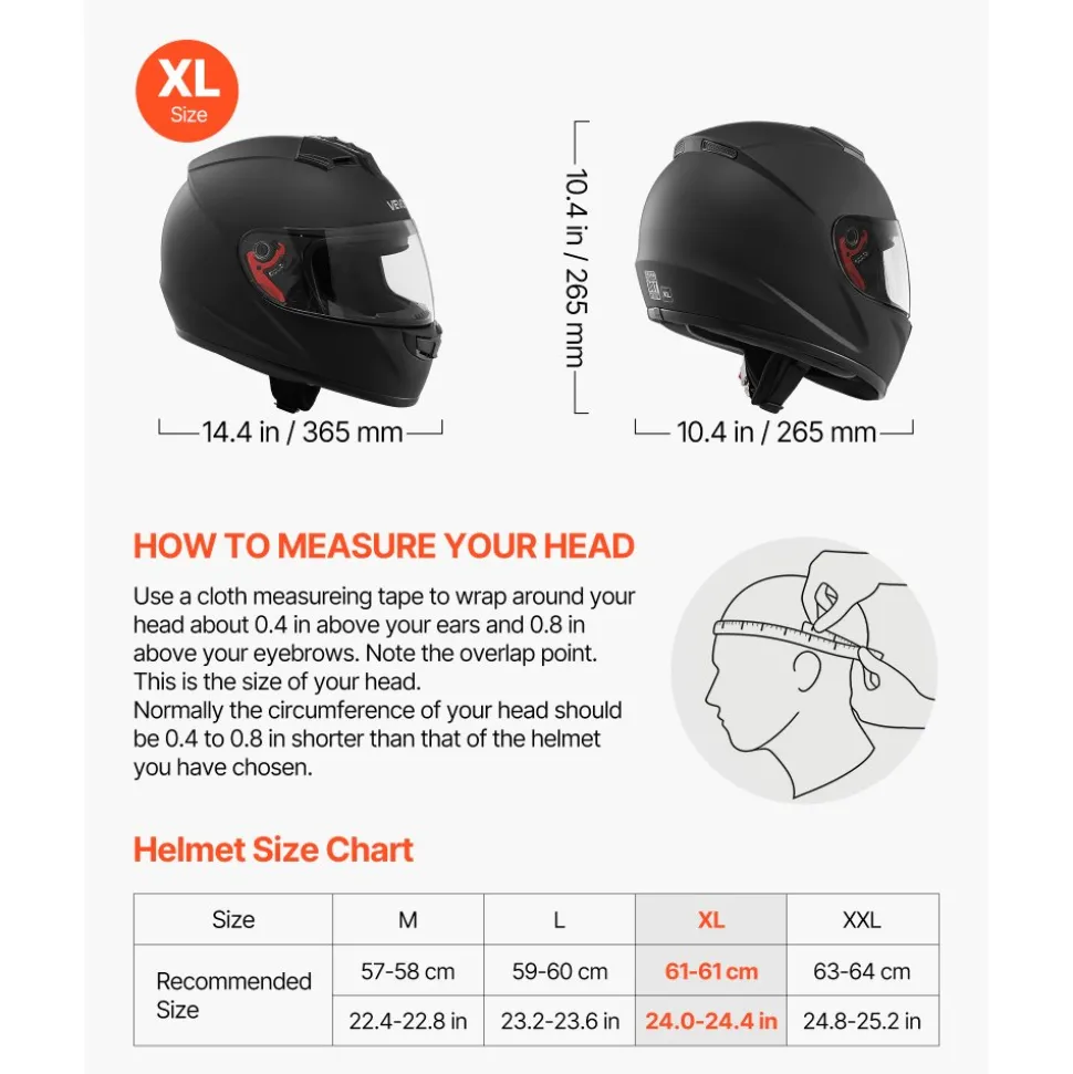 VEVOR Full Face Motorcycle Helmets, Adult Motocross Dirt Bike Helmet with Clear Visor, Lightweight Comfortable Motorcycle Street Bike Helmet for Men and Women - DOT Approved (XL Size)