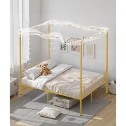 VEVOR Full Size Canopy Bed Frame, Metal Canopy Bed with Minimalist Headboard & Four Posters Design, Heavy Duty Steel Slats Support, Underbed Storage Space, No Box Spring Needed, Easy Assembly, Gold