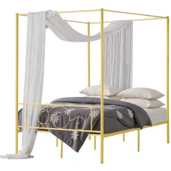VEVOR Full Size Canopy Bed Frame, Metal Canopy Bed with Minimalist Headboard & Four Posters Design, Heavy Duty Steel Slats Support, Underbed Storage Space, No Box Spring Needed, Easy Assembly, Gold
