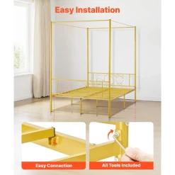 VEVOR Full Size Canopy Bed Frame, Metal Canopy Bed with Minimalist Headboard & Four Posters Design, Heavy Duty Steel Slats Support, Underbed Storage Space, No Box Spring Needed, Easy Assembly, Gold