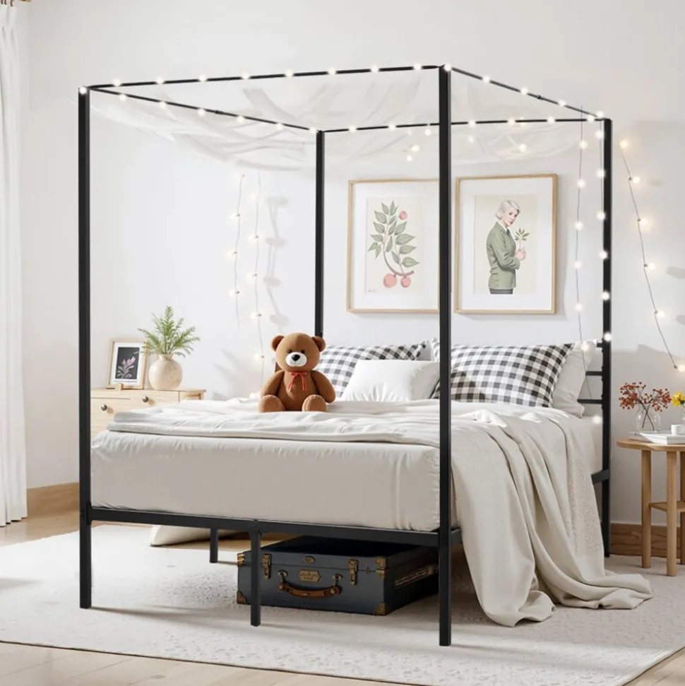 VEVOR Full Size Canopy Bed Frame, Metal Canopy Bed with Four Posters Design, Heavy Duty Steel Slats Support, Underbed Storage Space, No Box Spring Needed, Easy Assembly, Black