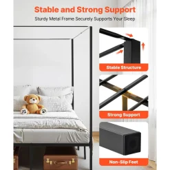 VEVOR Full Size Canopy Bed Frame, Metal Canopy Bed with Four Posters Design, Heavy Duty Steel Slats Support, Underbed Storage Space, No Box Spring Needed, Easy Assembly, Black