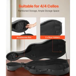 VEVOR 4/4 Full Size Cello Case, Composite Carbon Fiber, Lightweight Portable Travel Carrying Bag, with Plush Lining, Dual Shoulder Straps, Anti-Scratch, Professional Cello-Shape, for Cello, Black