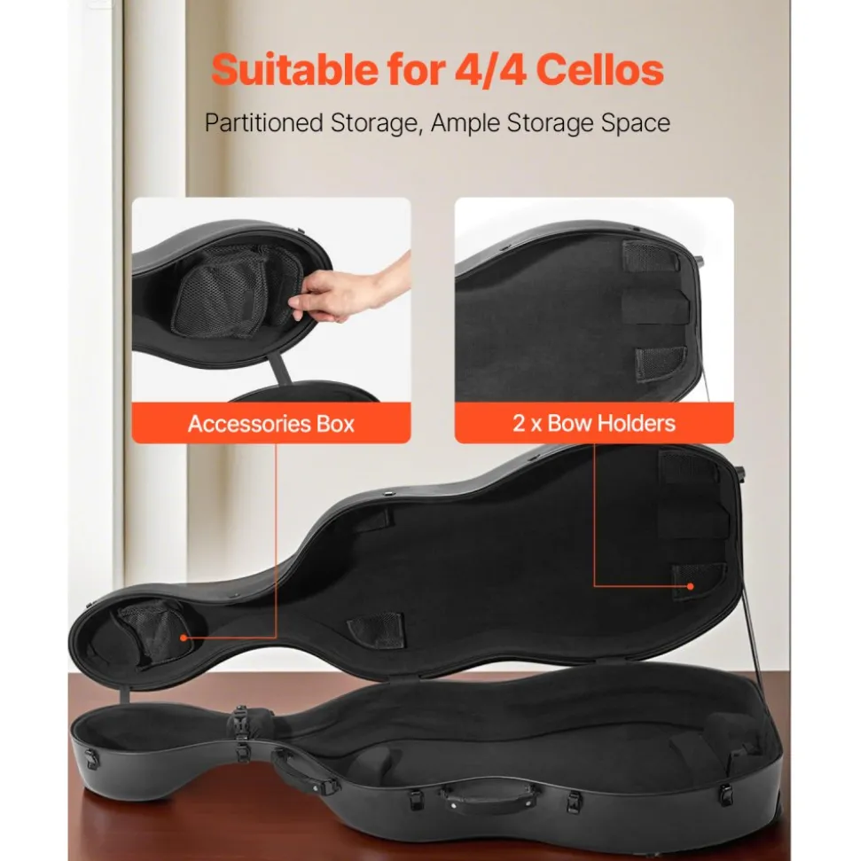 VEVOR 4/4 Full Size Cello Case, Composite Carbon Fiber, Lightweight Portable Travel Carrying Bag, with Plush Lining, Dual Shoulder Straps, Anti-Scratch, Professional Cello-Shape, for Cello, Black