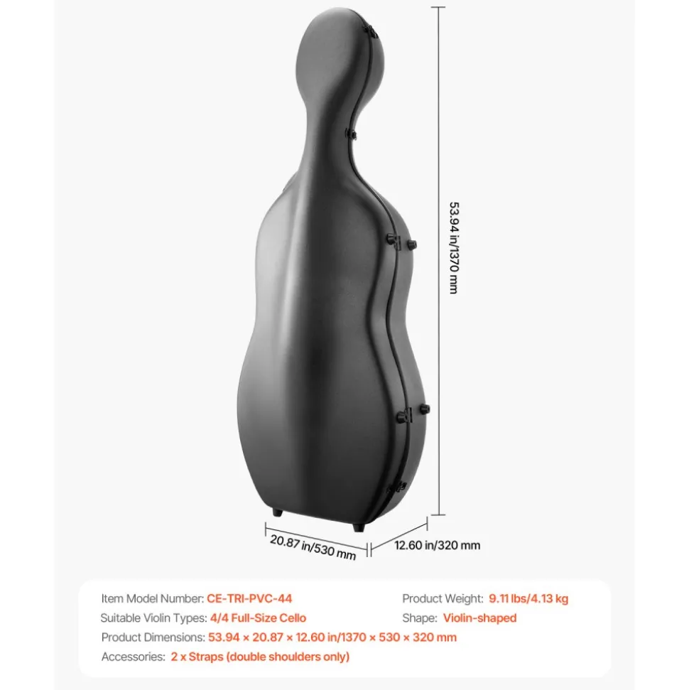 VEVOR 4/4 Full Size Cello Case, Composite Carbon Fiber, Lightweight Portable Travel Carrying Bag, with Plush Lining, Dual Shoulder Straps, Anti-Scratch, Professional Cello-Shape, for Cello, Black