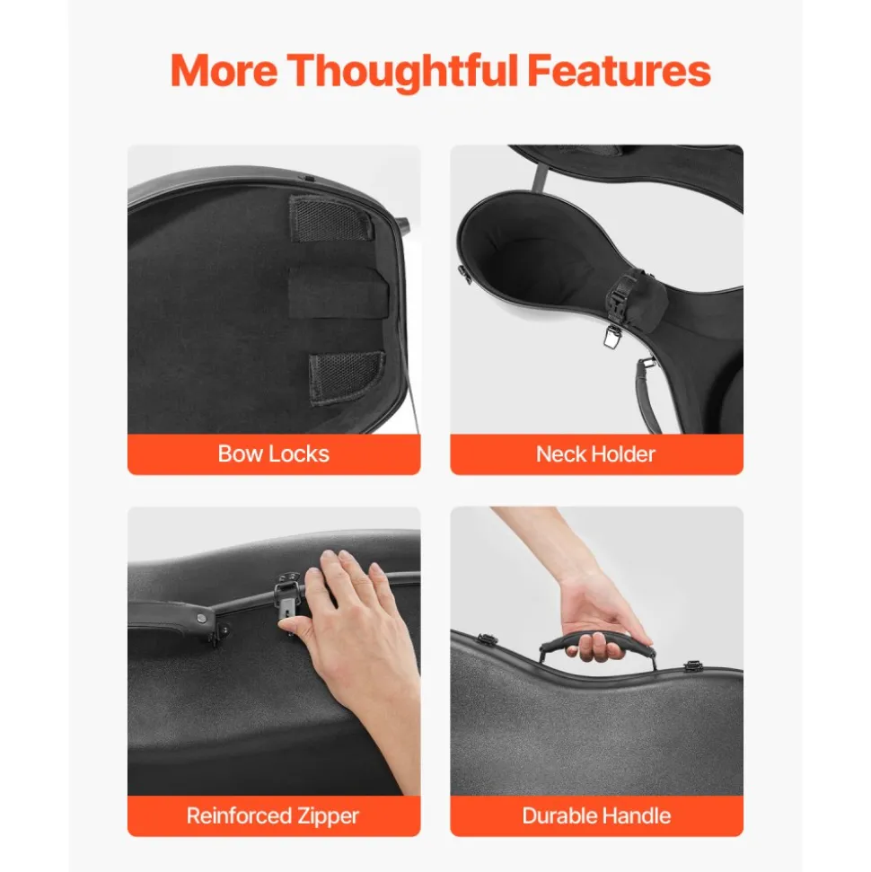 VEVOR 4/4 Full Size Cello Case, Composite Carbon Fiber, Lightweight Portable Travel Carrying Bag, with Plush Lining, Dual Shoulder Straps, Anti-Scratch, Professional Cello-Shape, for Cello, Black