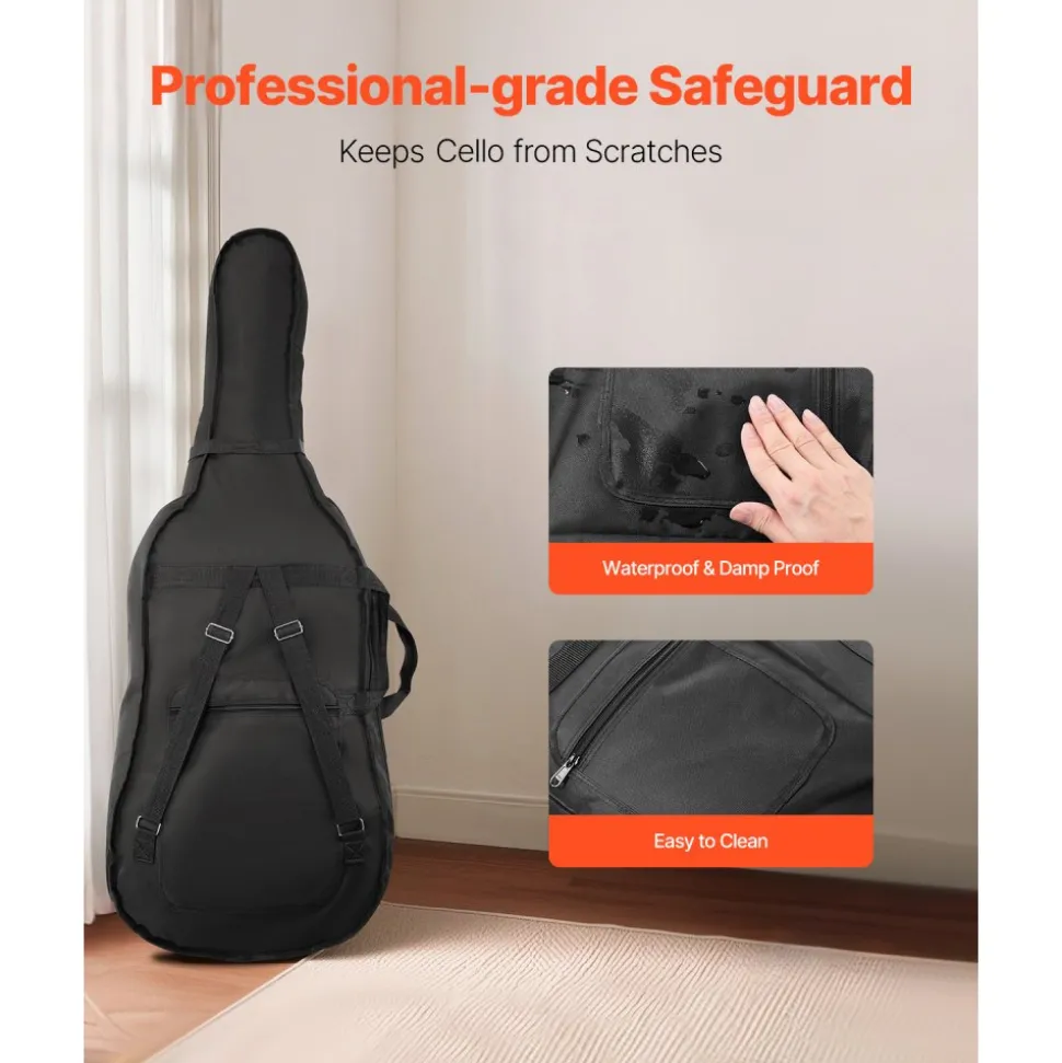 VEVOR 4/4 Full Size Cello Case, Nylon Waterproof, Lightweight Portable Travel Carrying Bag, with Reinforced Handle, Dual Shoulder Straps, Anti-Scratch, Professional Cello-Shape, for Cello, Black