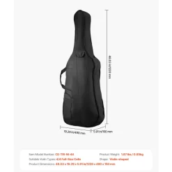 VEVOR 4/4 Full Size Cello Case, Nylon Waterproof, Lightweight Portable Travel Carrying Bag, with Reinforced Handle, Dual Shoulder Straps, Anti-Scratch, Professional Cello-Shape, for Cello, Black