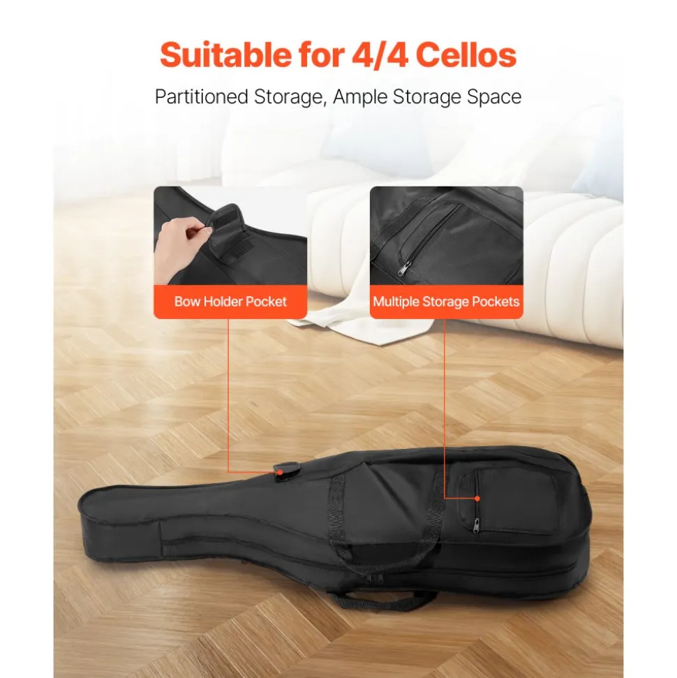 VEVOR 4/4 Full Size Cello Case, Nylon Waterproof, Lightweight Portable Travel Carrying Bag, with Reinforced Handle, Dual Shoulder Straps, Anti-Scratch, Professional Cello-Shape, for Cello, Black