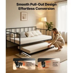 VEVOR Full Size Daybed with Pop Up Trundle Twin Size Metal Day Bed Frame, for Living Room Bedroom Guest Room, Sturdy Metal Design, Space Saving Sofa Bed, 2 Lockable Casters, Easy Assembly, Black