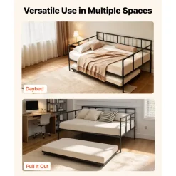 VEVOR Full Size Daybed with Pop Up Trundle Twin Size Metal Day Bed Frame, for Living Room Bedroom Guest Room, Sturdy Metal Design, Space Saving Sofa Bed, 2 Lockable Casters, Easy Assembly, Black